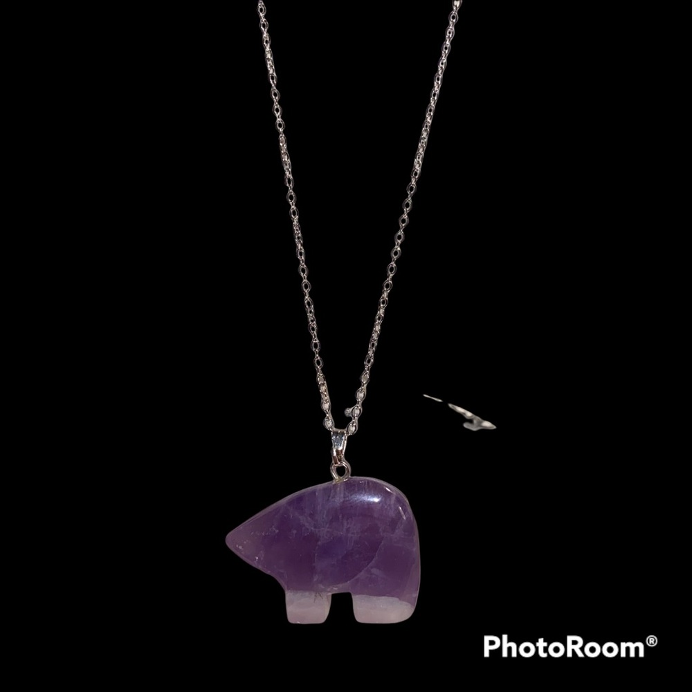 Carved Native American Real Amethyst Bear Necklace
